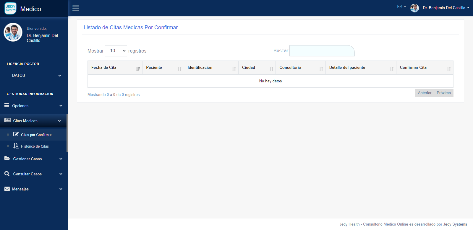 Calendario de citas médicas en Jedy Health CMO, software de gestión de consultorios