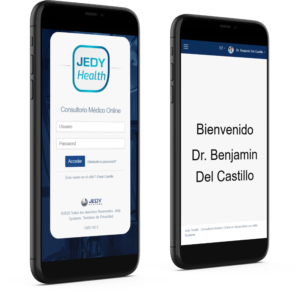 Teléfono móvil mostrando la versión responsive del software Jedy Health para gestión médica